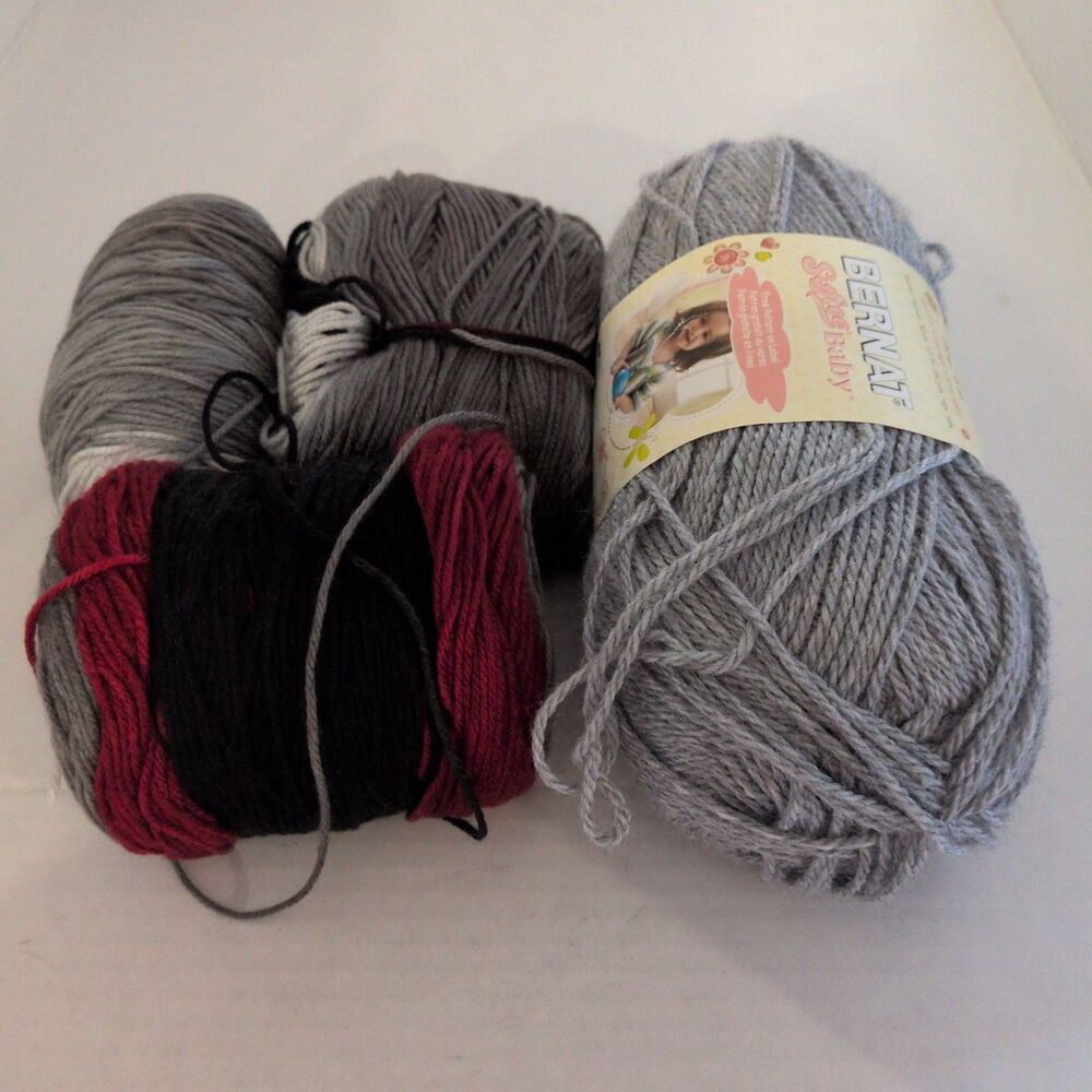 Assorted Gray & Red/Black Yarn Lot (4 Skeins/Balls – Includes Bernat Softee Baby